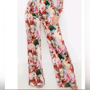 PrettyLittleThing Rose Femme Renaissance Print Wide Leg Pants.